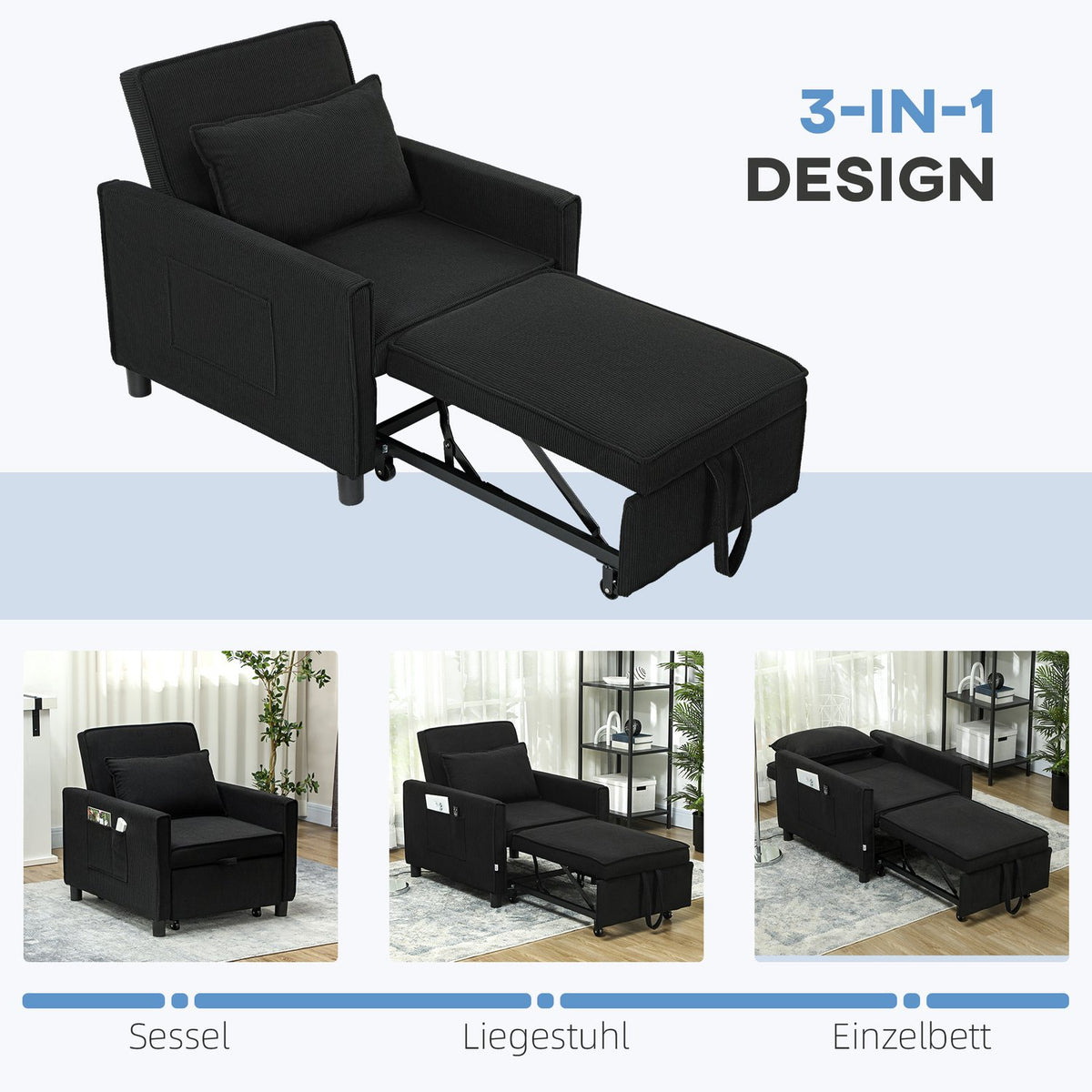 3-in-1 Sleeping Chair, Folding Bed with Bed Function, Lumbar Cushion, Folding Deck Chair with Adjustable Backrest, Wheels, Side Pocket, for Living Room, Corduroy, Black