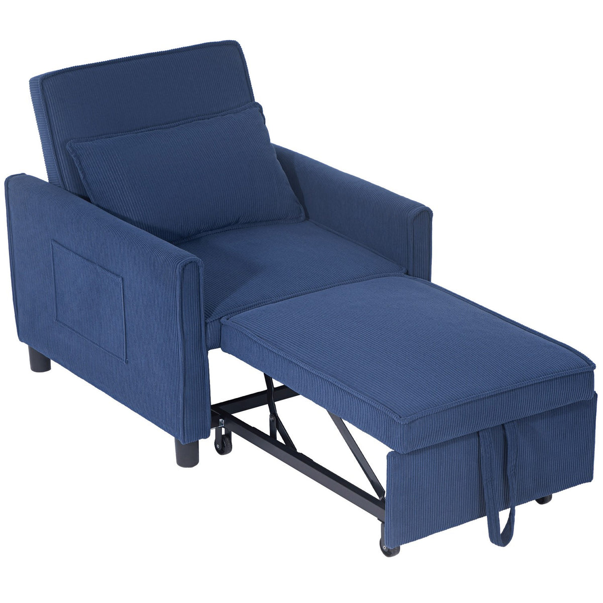 3-in-1 Sleeping Chair, Folding Bed with Bed Function, Lumbar Cushion, Folding Deck Chair with Adjustable Backrest, Wheels, Side Pocket, for Living Room, Corduroy, Blue