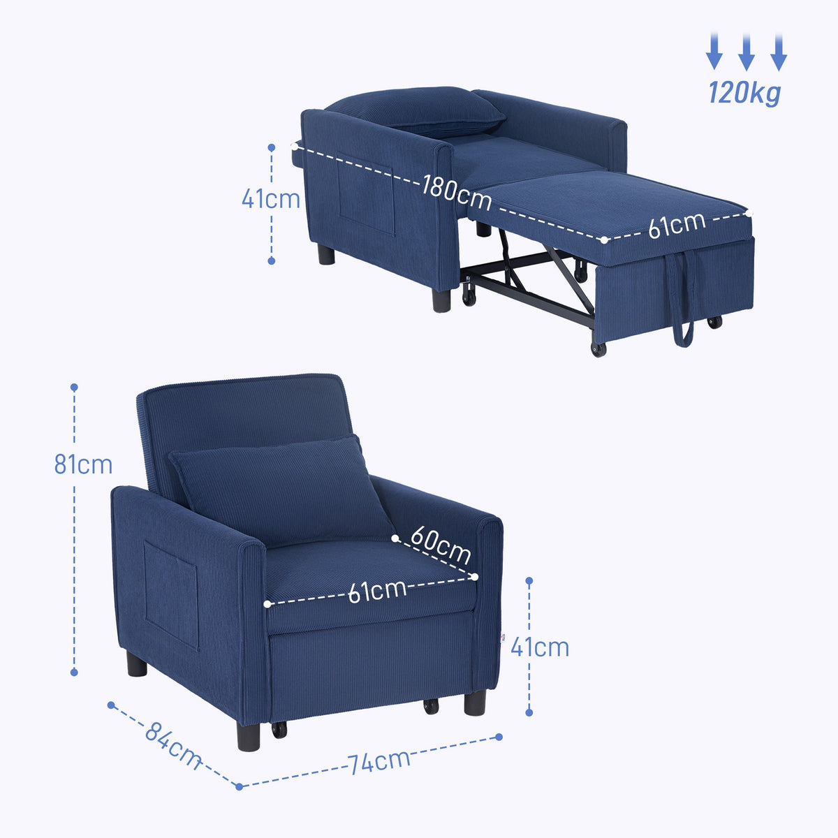 3-in-1 Sleeping Chair, Folding Bed with Bed Function, Lumbar Cushion, Folding Deck Chair with Adjustable Backrest, Wheels, Side Pocket, for Living Room, Corduroy, Blue