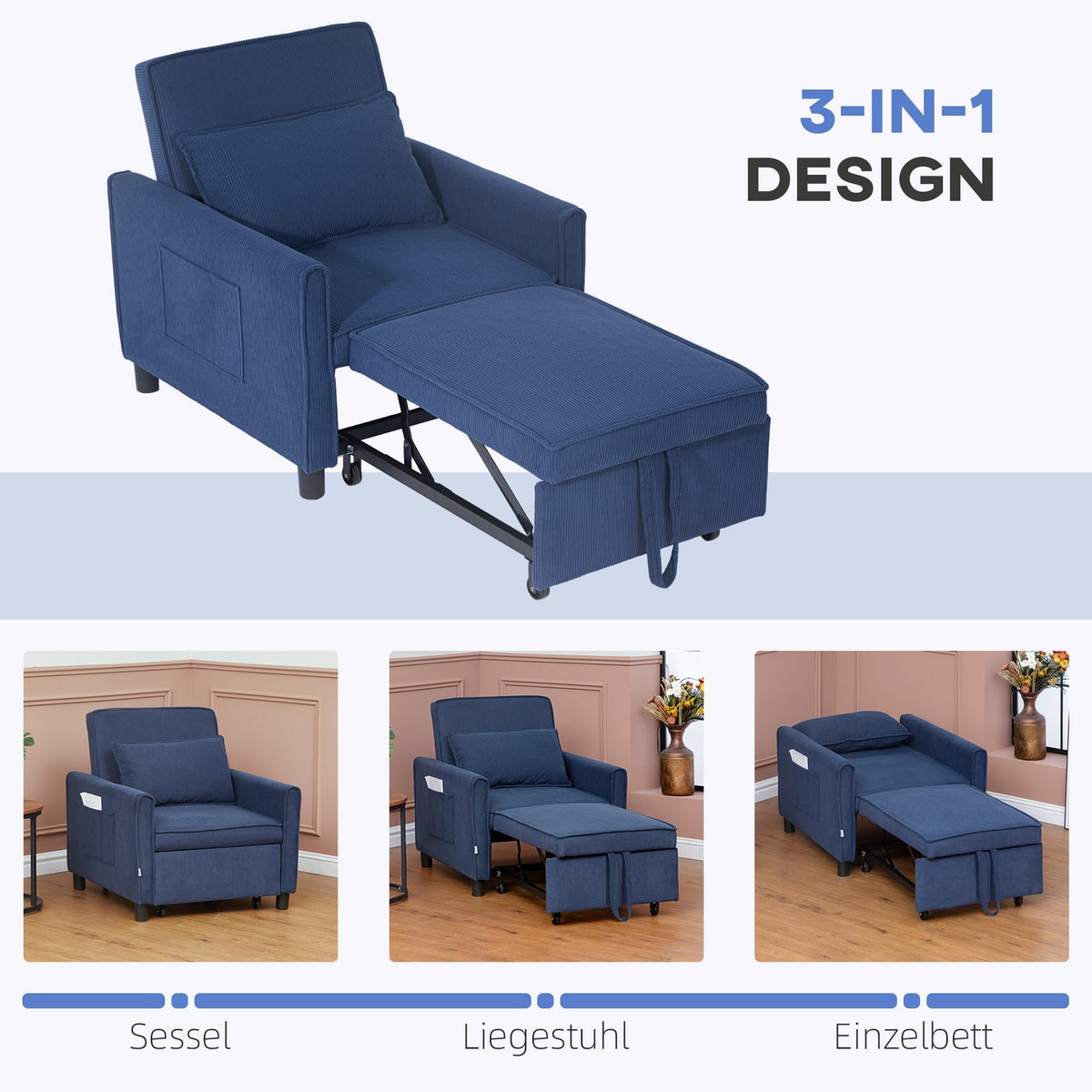 3-in-1 Sleeping Chair, Folding Bed with Bed Function, Lumbar Cushion, Folding Deck Chair with Adjustable Backrest, Wheels, Side Pocket, for Living Room, Corduroy, Blue