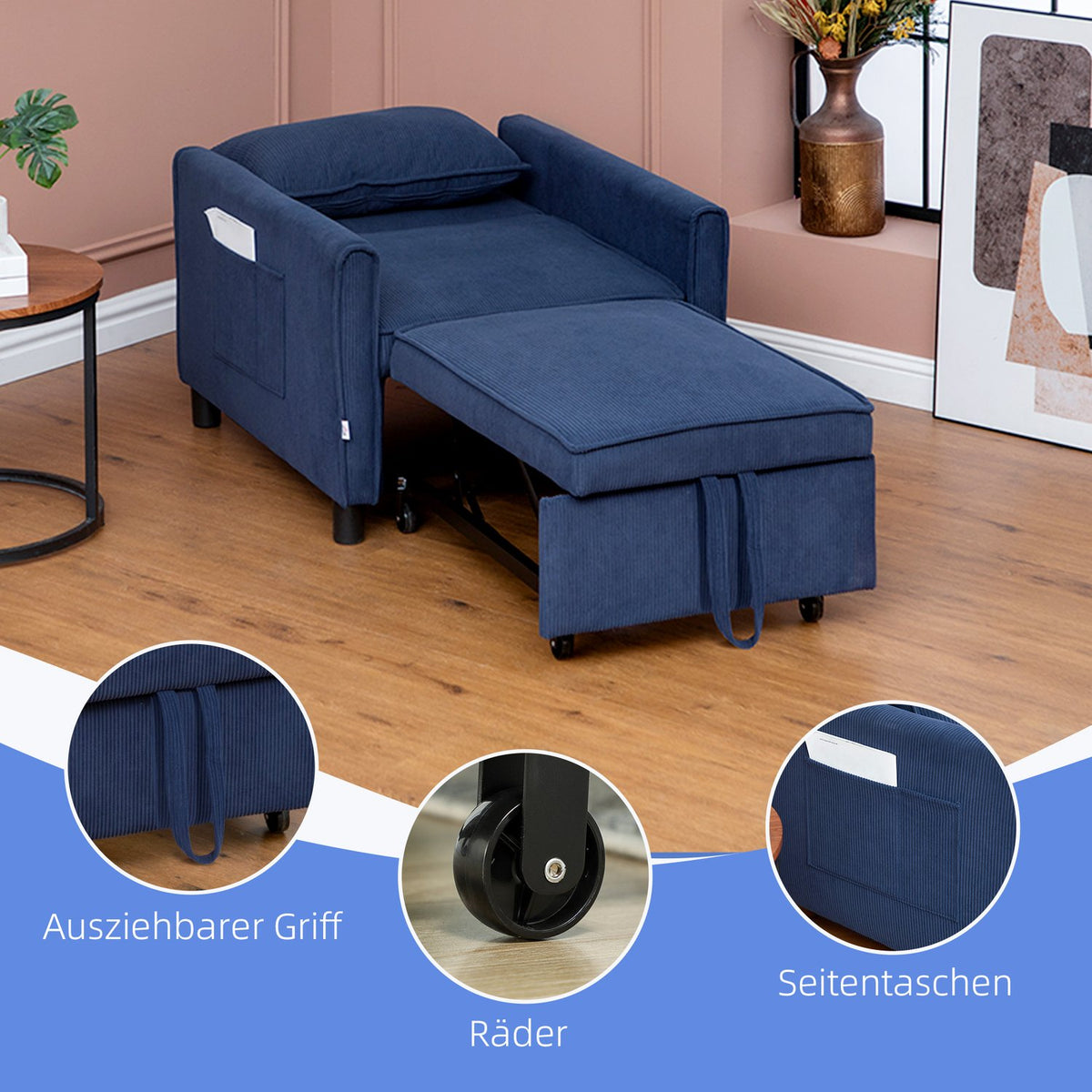 3-in-1 Sleeping Chair, Folding Bed with Bed Function, Lumbar Cushion, Folding Deck Chair with Adjustable Backrest, Wheels, Side Pocket, for Living Room, Corduroy, Blue