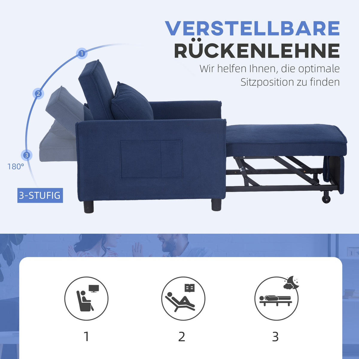 3-in-1 Sleeping Chair, Folding Bed with Bed Function, Lumbar Cushion, Folding Deck Chair with Adjustable Backrest, Wheels, Side Pocket, for Living Room, Corduroy, Blue