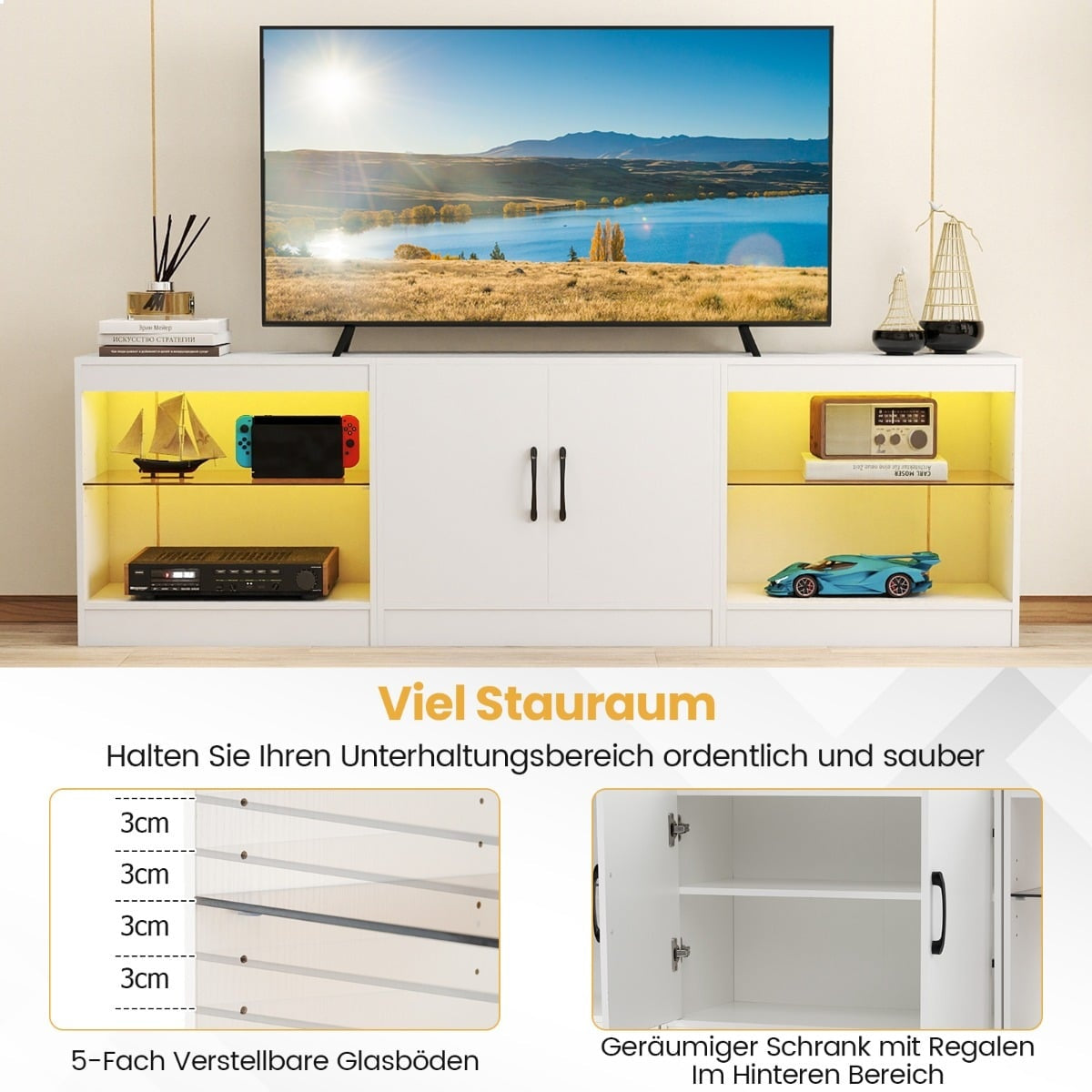 3-in-1 TV Stand with LED, Adjustable Shelves, 85" Max