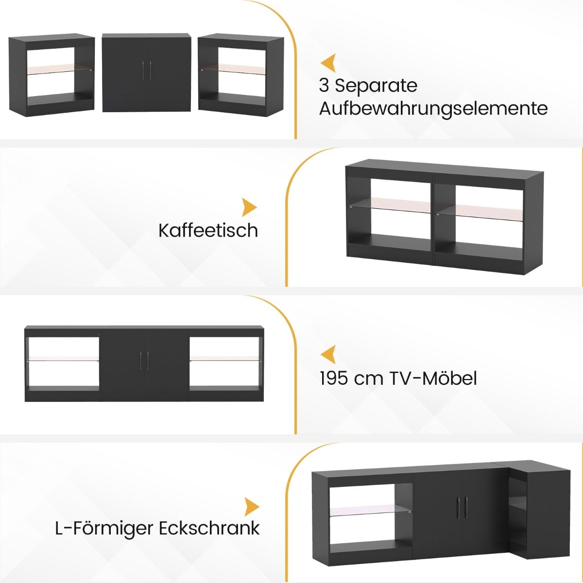 3-in-1 TV Stand with LED Lights for 85" TVs, Black