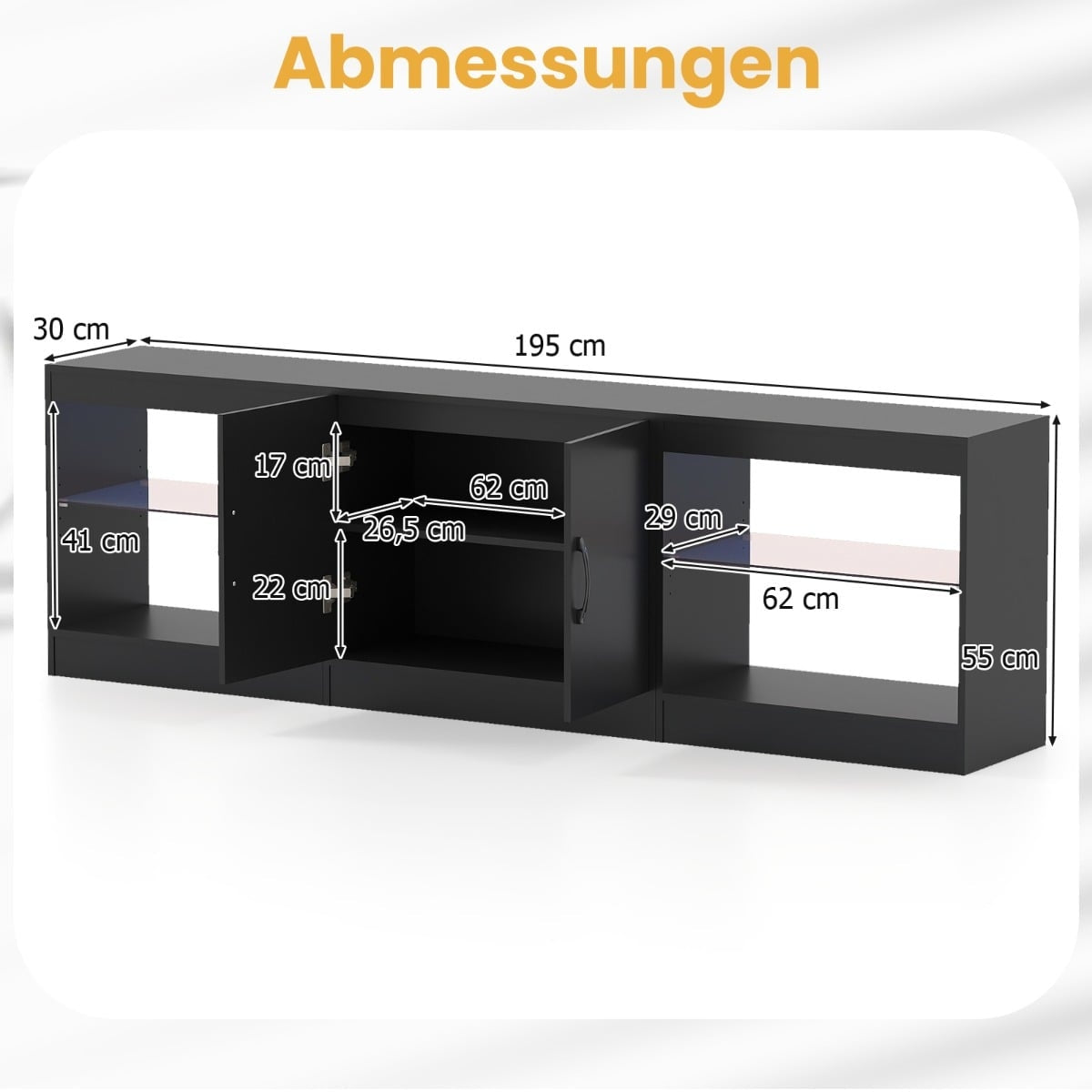 3-in-1 TV Stand with LED Lights for 85" TVs, Black