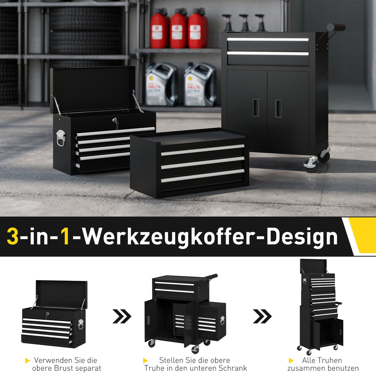 3-in-1 Tool Chest, Lockable, 9 Drawers, Steel, Black