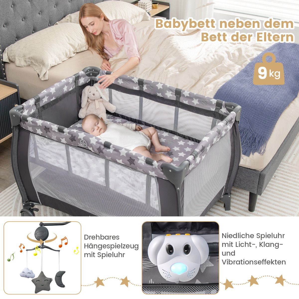 3-in-1 Travel Crib with Bassinet, Changer, Wheels – Dark Gray