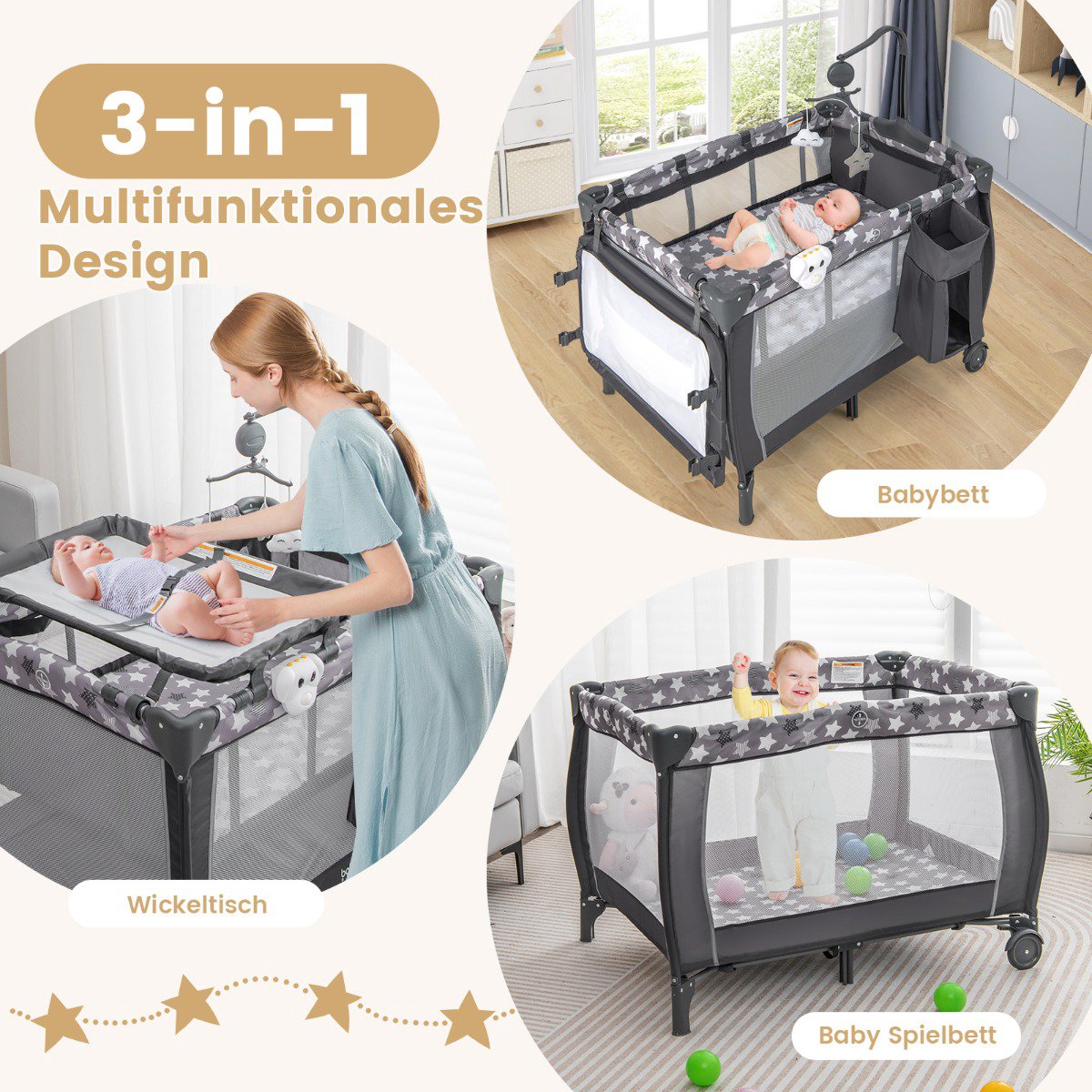 3-in-1 Travel Crib with Bassinet, Changer, Wheels – Dark Gray