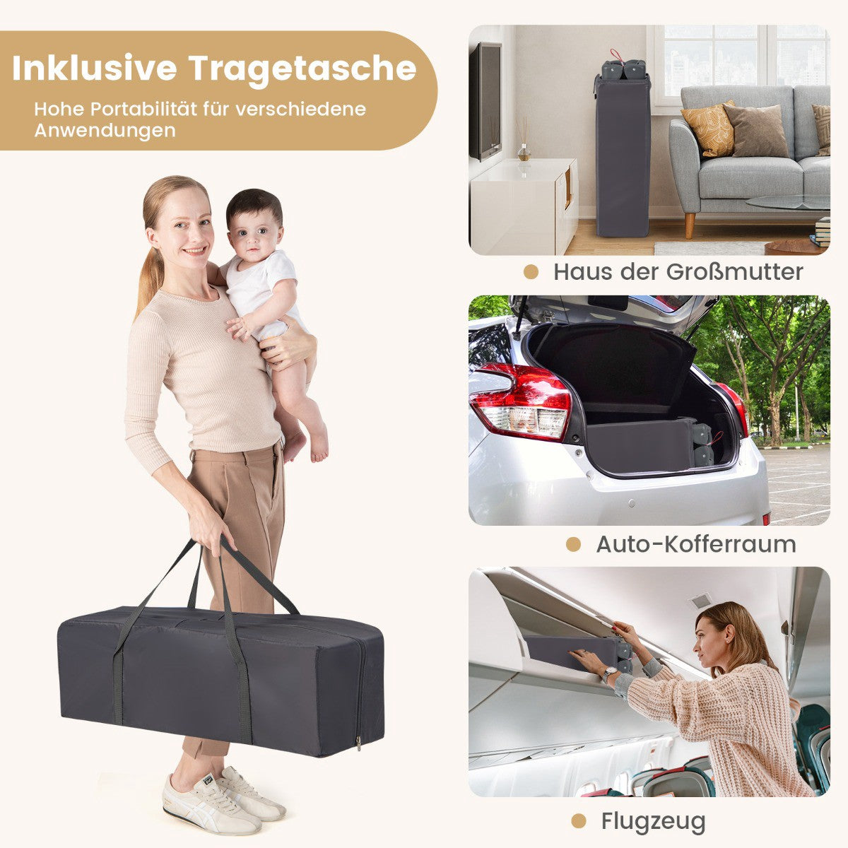 3-in-1 Travel Crib with Bassinet, Changer, Wheels – Dark Gray