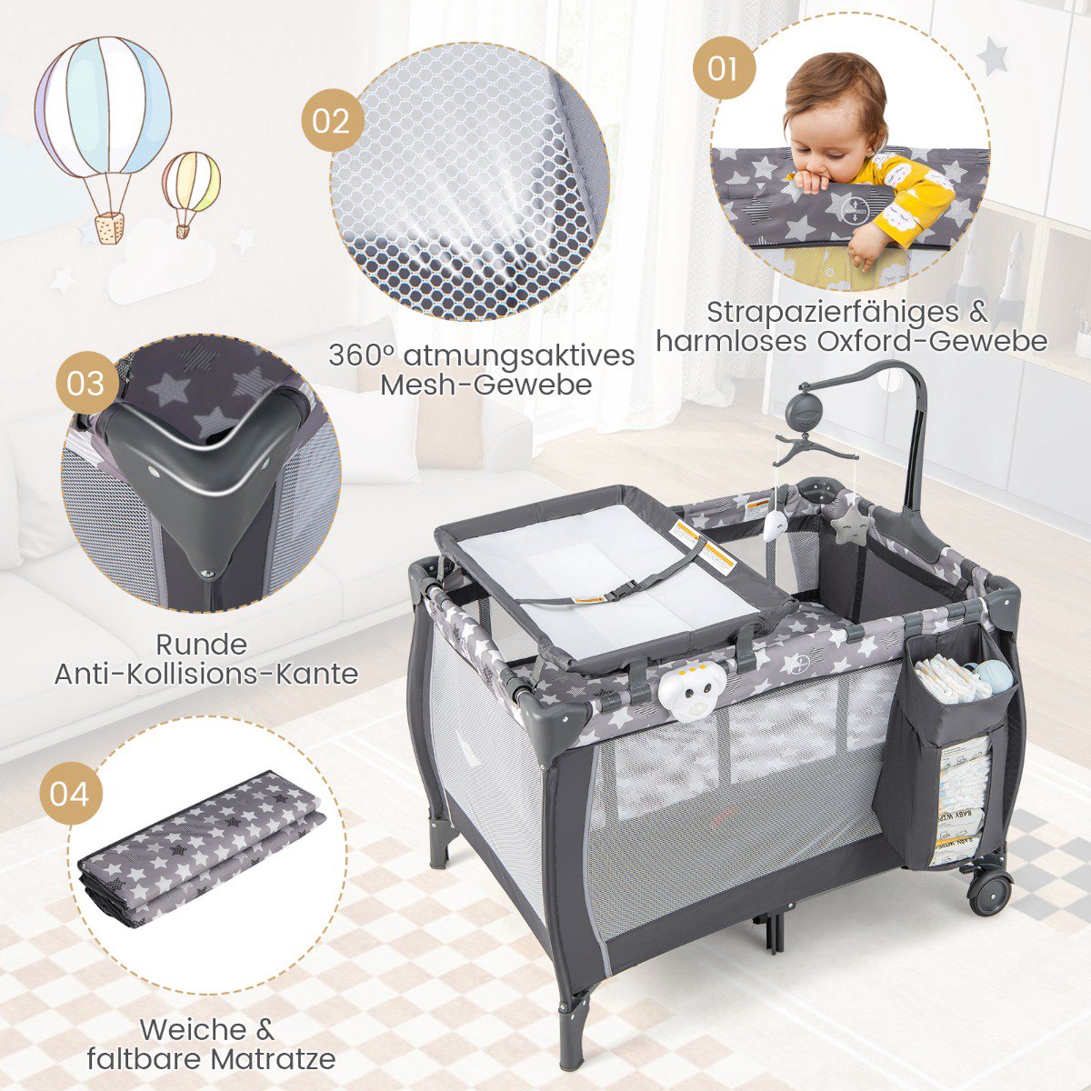 3-in-1 Travel Crib with Bassinet, Changer, Wheels – Dark Gray