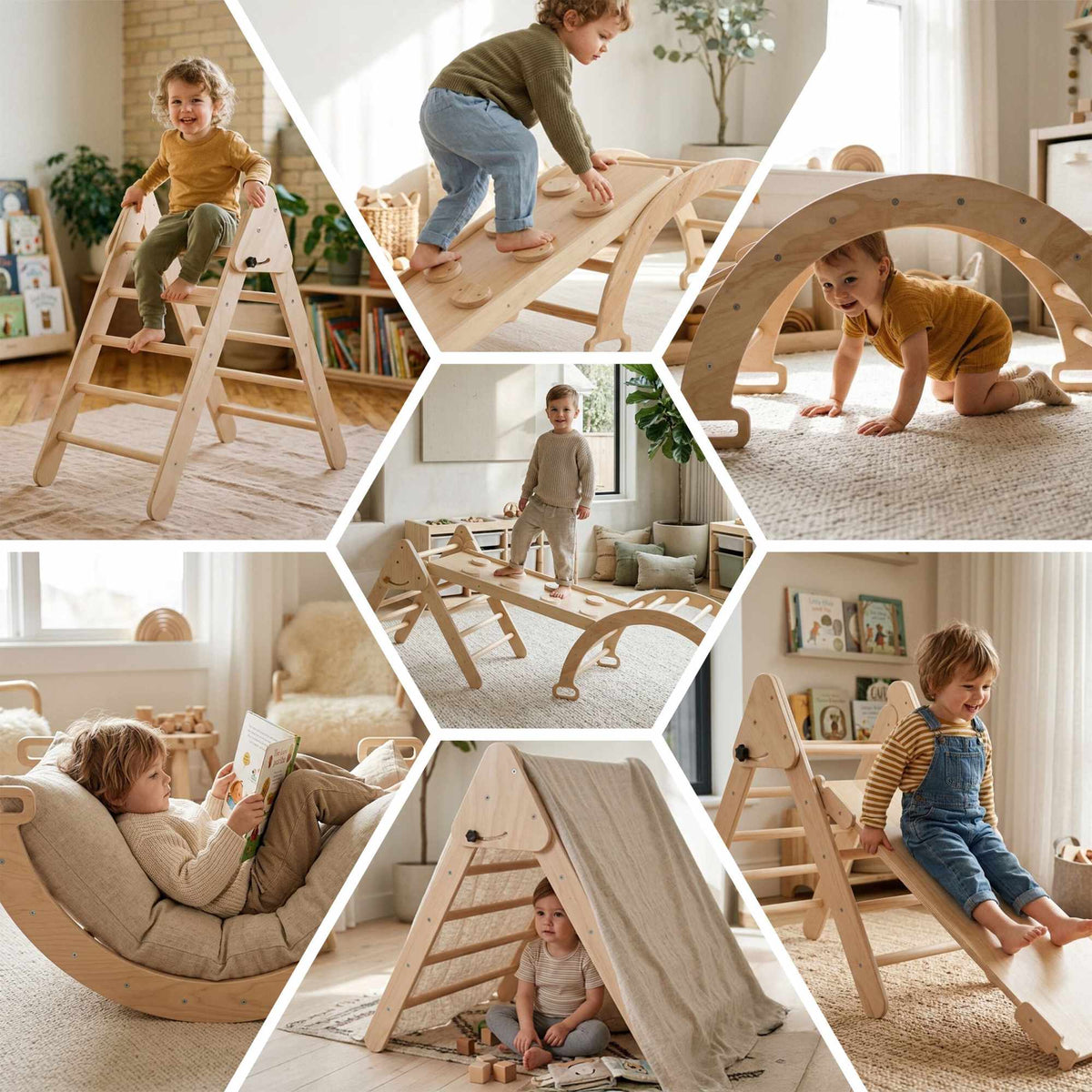 3-in-1 Wooden Climbing Frame with Slide and Arch