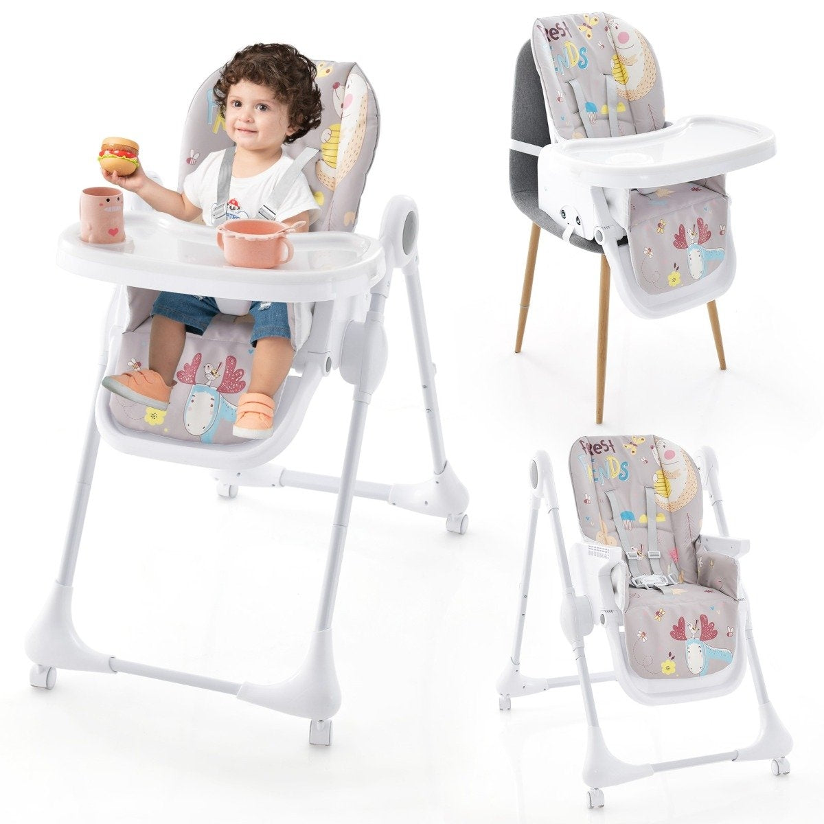 3-in-1 baby high chair with 5-way adjustable footrest, 3-way adjustable backrest & 4 universal wheels Gray