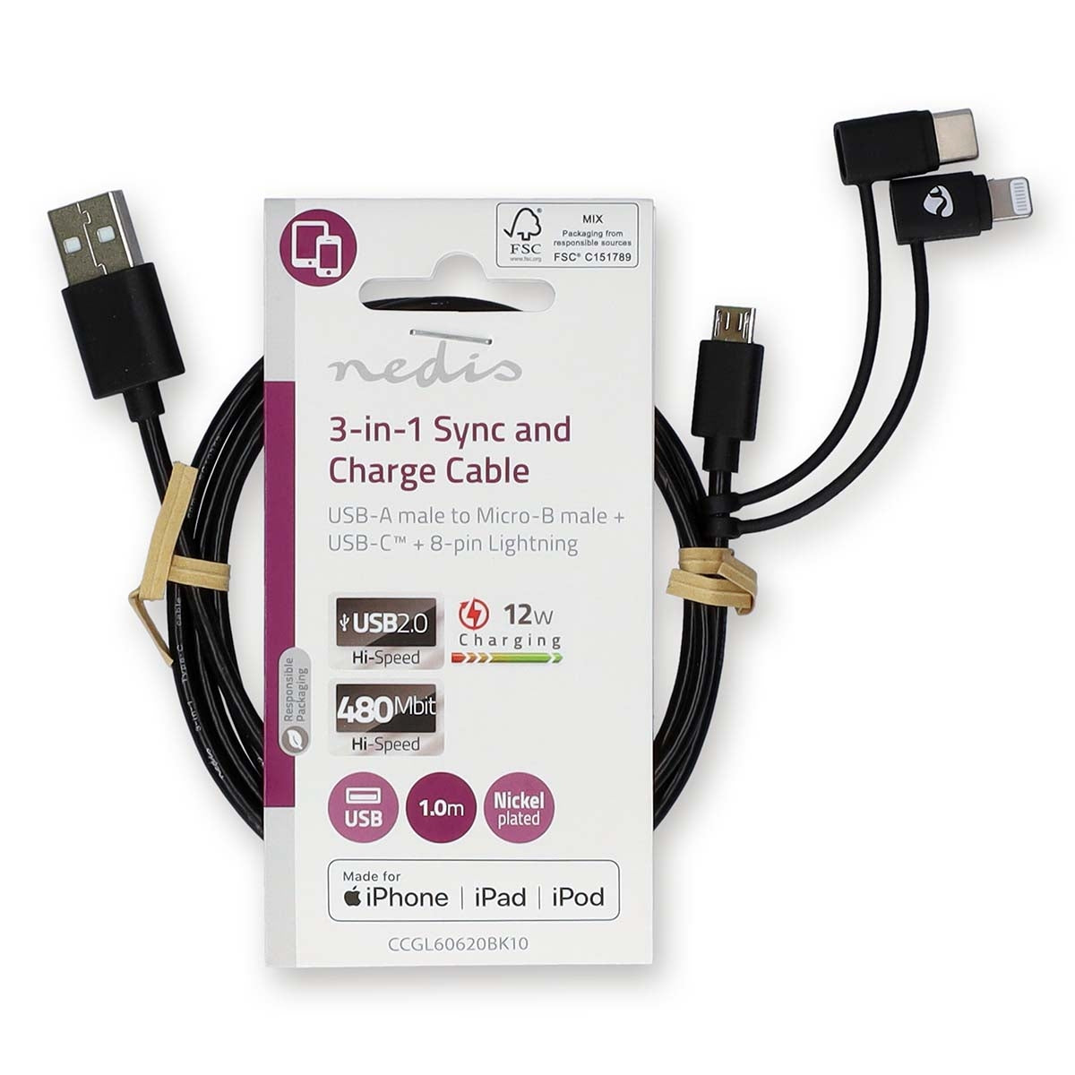 3 in 1 cable | USB 2.0 | USB-A Male | Apple Lightning, 8-pin / USB Micro-B Male / USB-C™ Male | 480 Mbps | 1.00 m | Nickel Plated | Round | PVC | Black | Label
