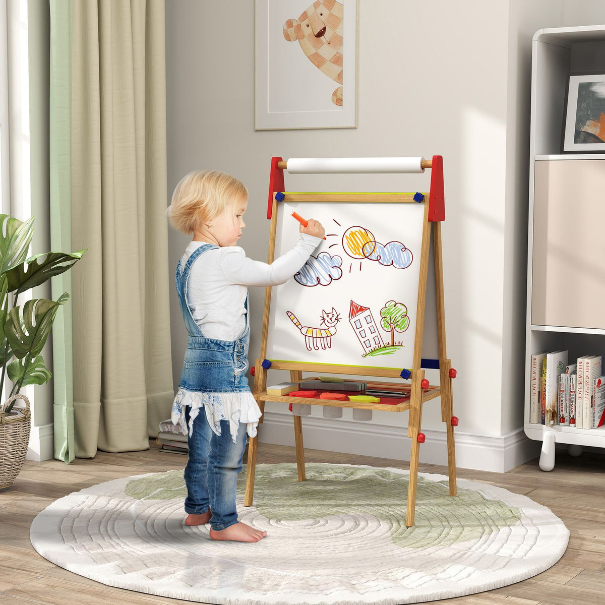 3-in-1 children's board height adjustable, double-sided children's easel with shelf, easel with paint cup, eraser, drawing paper, for children 3-8 years, natural wood