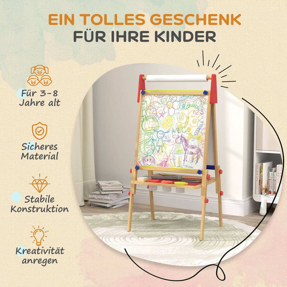 3-in-1 children's board height adjustable, double-sided children's easel with shelf, easel with paint cup, eraser, drawing paper, for children 3-8 years, natural wood