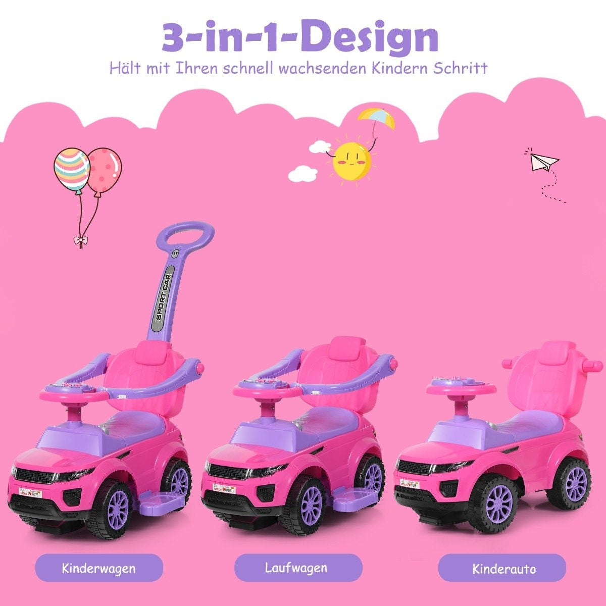 3-in-1 children's car push car with horn music light 89 x 43 x 84 cm pink