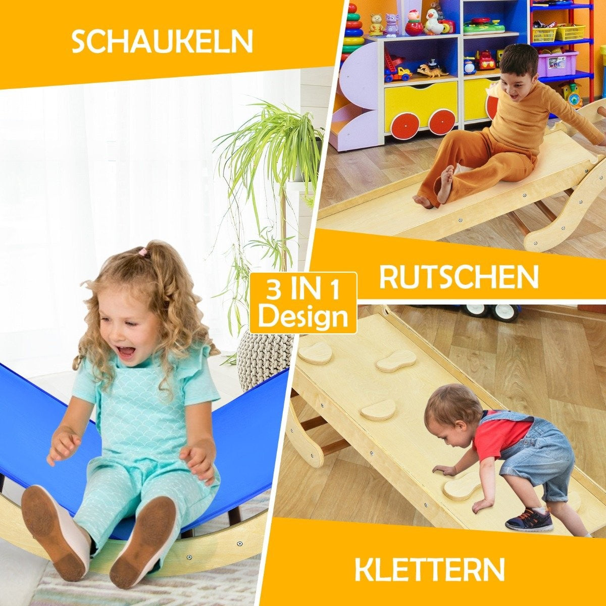 3 in 1 children's climbing ladder set with reversible ramp and cushion for climbing and sliding natural + blue load capacity of 60kg