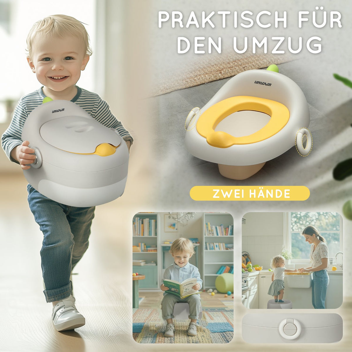 3-in-1 children's potty, removable children's potty, potty with handles, for children 6-72 months, load capacity up to 50 kg, plastic, faux leather, gray