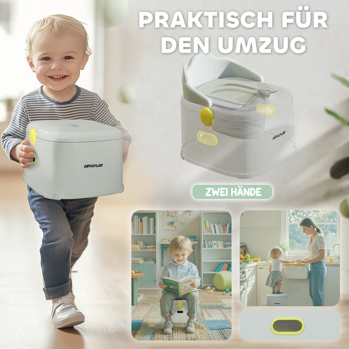3-in-1 children's potty, removable children's potty, potty with handles, for children 6-72 months, load capacity up to 50 kg, plastic, faux leather, gray