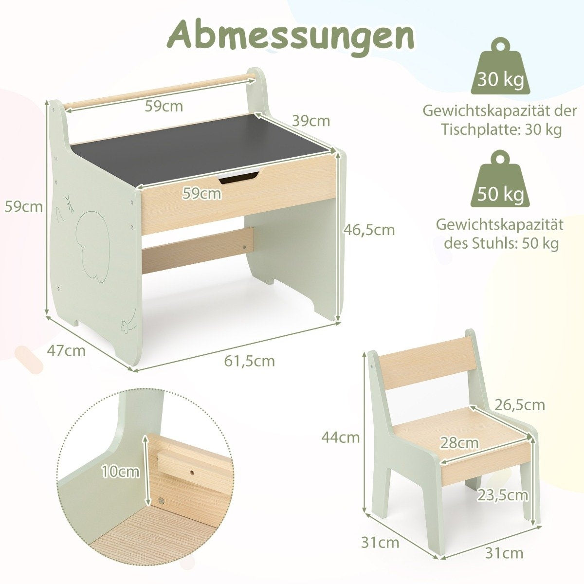 3 in 1 children's seating group made of wood, children's table with chair, children's painting table with reversible table top