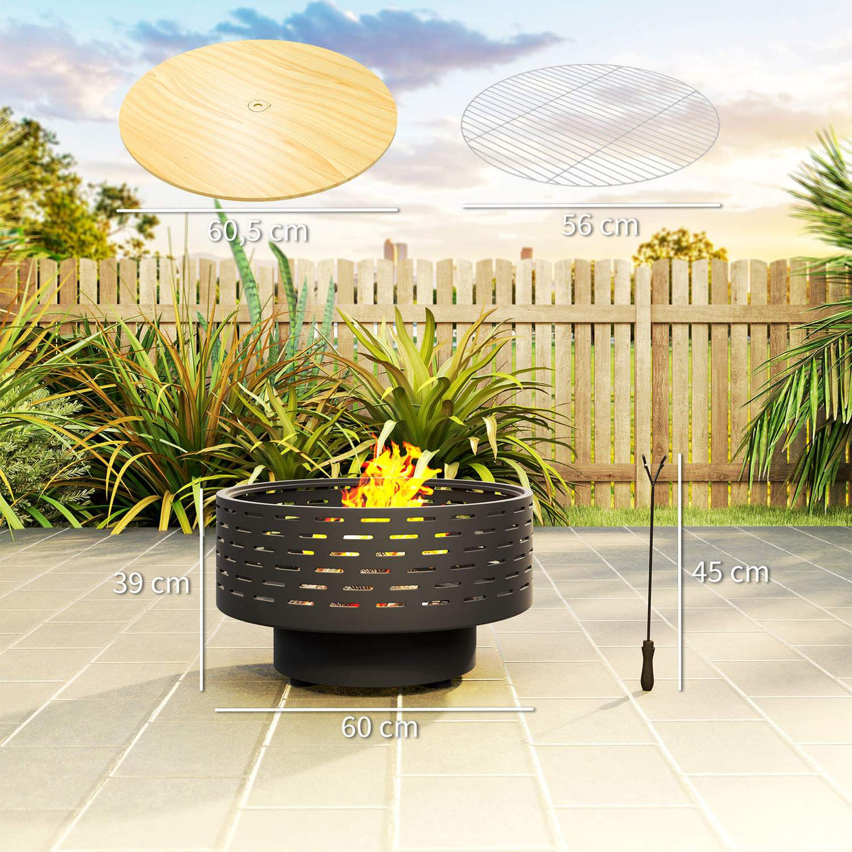 3-in-1 fire bowl Ø60 x 39cm made of stainless steel fire pit with grill grate poker spark protection in wood look fire bowls fire basket for garden, balcony terrace, outdoor BBQ camping charcoal gray