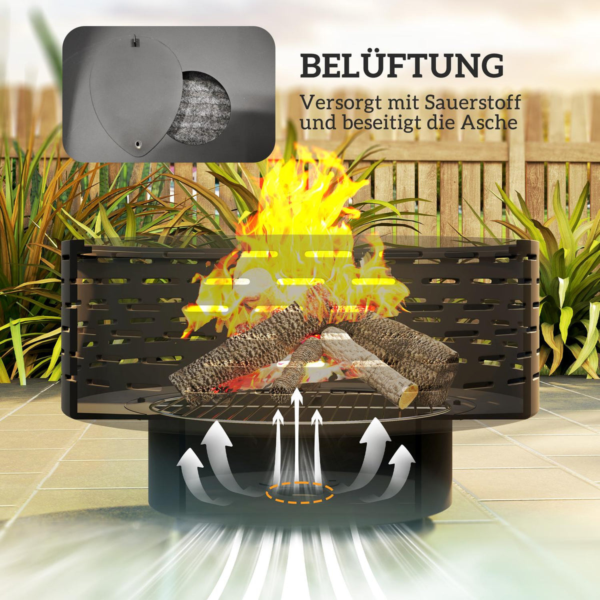 3-in-1 fire bowl Ø60 x 39cm made of stainless steel fire pit with grill grate poker spark protection in wood look fire bowls fire basket for garden, balcony terrace, outdoor BBQ camping charcoal gray