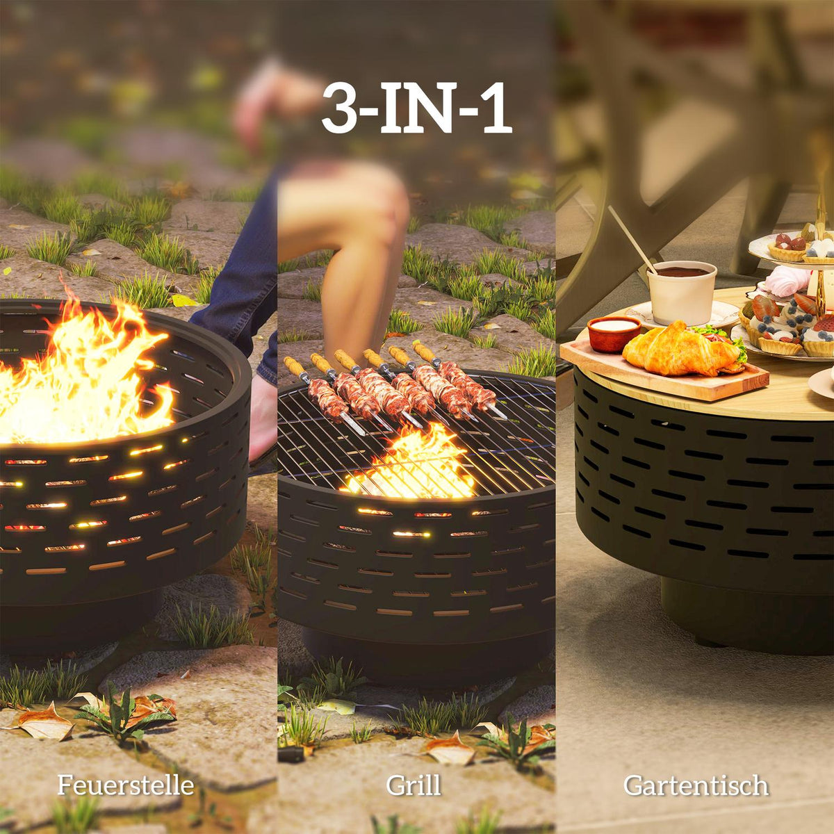 3-in-1 fire bowl Ø60 x 39cm made of stainless steel fire pit with grill grate poker spark protection in wood look fire bowls fire basket for garden, balcony terrace, outdoor BBQ camping charcoal gray