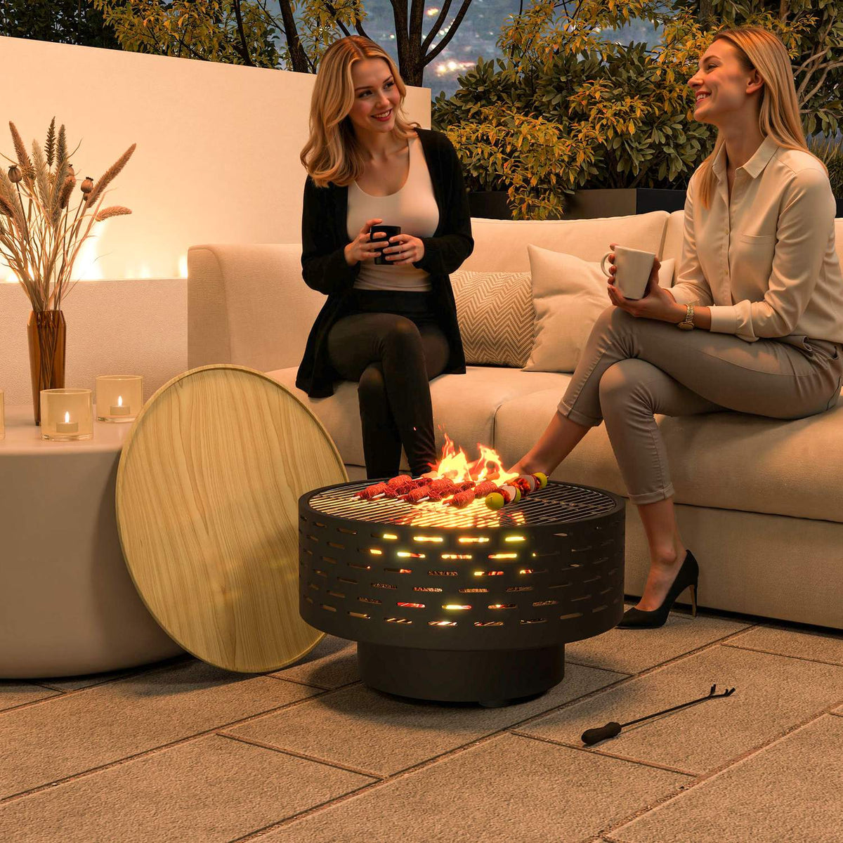 3-in-1 fire bowl Ø60 x 39cm made of stainless steel fire pit with grill grate poker spark protection in wood look fire bowls fire basket for garden, balcony terrace, outdoor BBQ camping charcoal gray