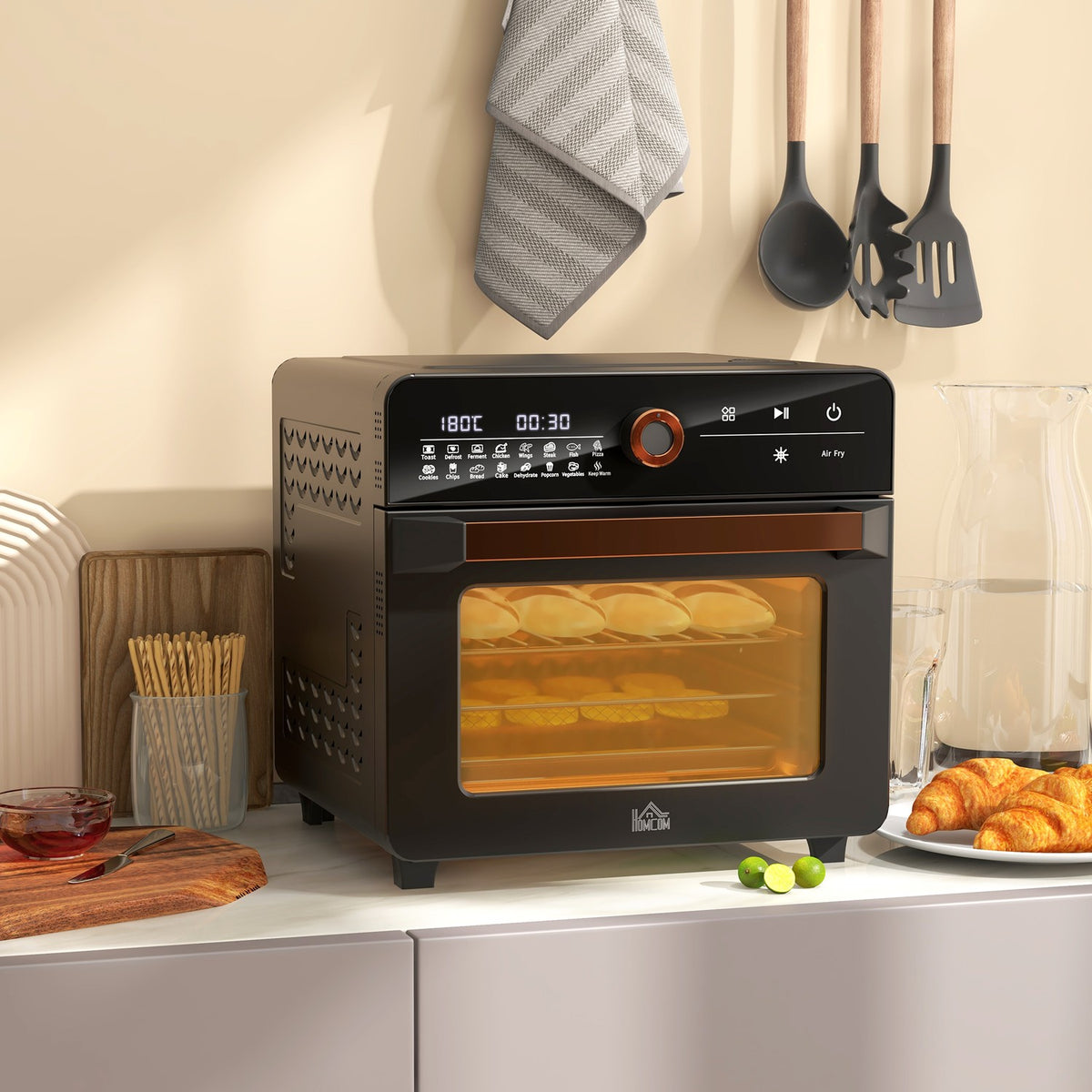 3 in 1 mini oven with circulating air, frying basket, timer, 40 °C-220 °C, 20L mini oven with grill rack, baking tray, crumb tray