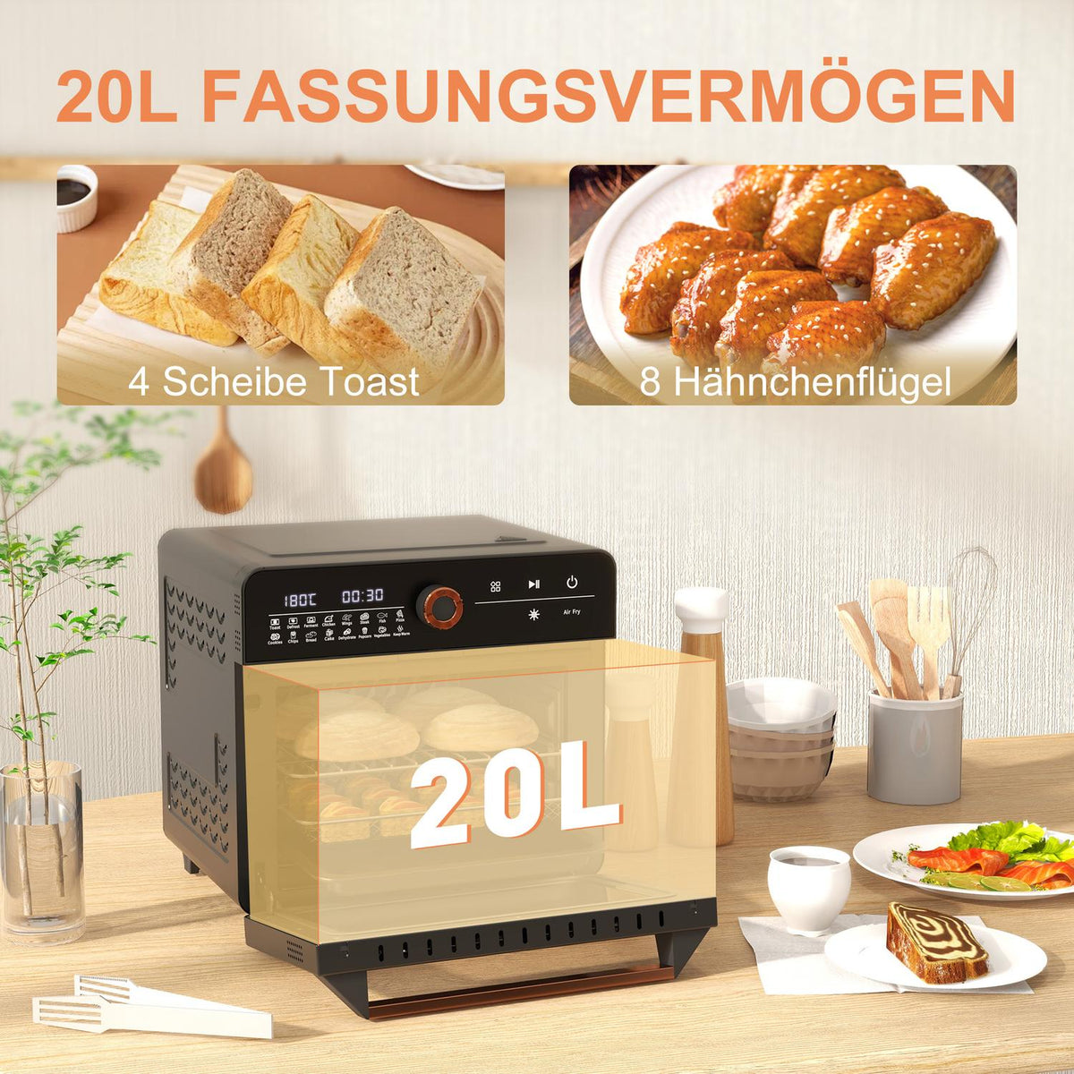 3 in 1 mini oven with circulating air, frying basket, timer, 40 °C-220 °C, 20L mini oven with grill rack, baking tray, crumb tray