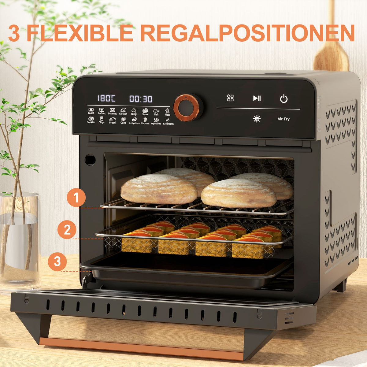 3 in 1 mini oven with circulating air, frying basket, timer, 40 °C-220 °C, 20L mini oven with grill rack, baking tray, crumb tray