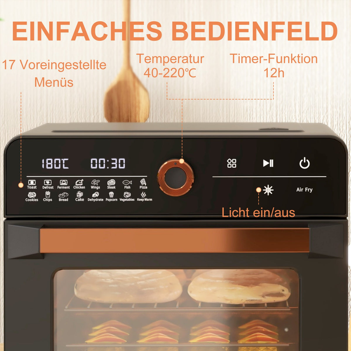 3 in 1 mini oven with circulating air, frying basket, timer, 40 °C-220 °C, 20L mini oven with grill rack, baking tray, crumb tray