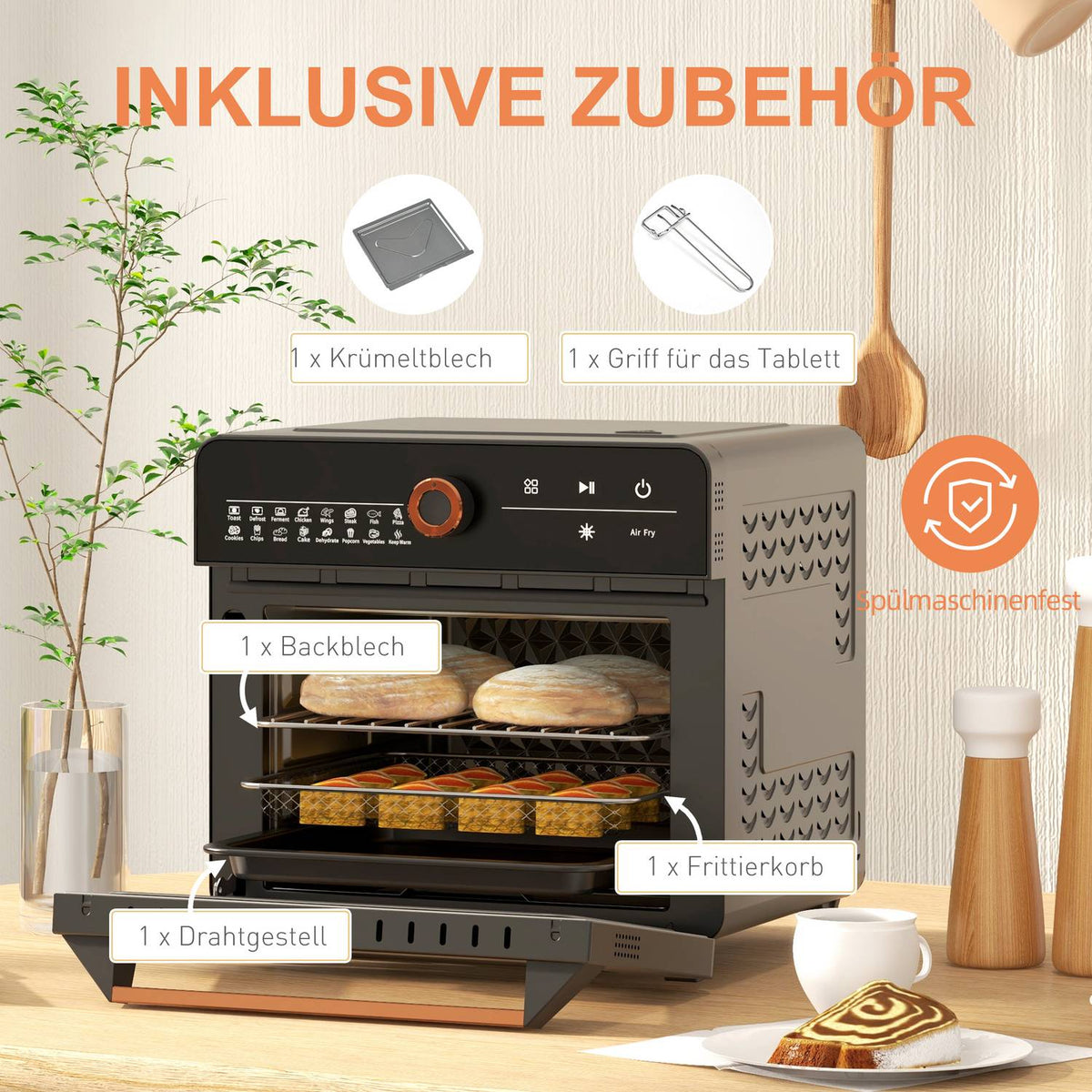 3 in 1 mini oven with circulating air, frying basket, timer, 40 °C-220 °C, 20L mini oven with grill rack, baking tray, crumb tray