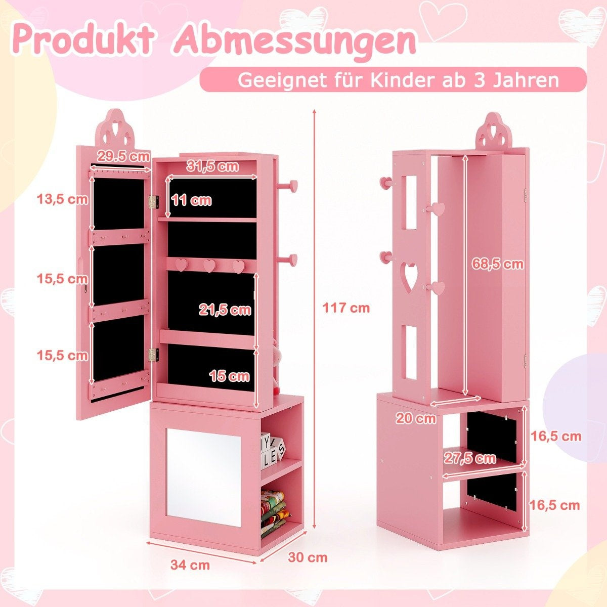 3 in 1 mirror cabinet with full length mirror &amp; Clothes rack children's jewelry cabinet pink
