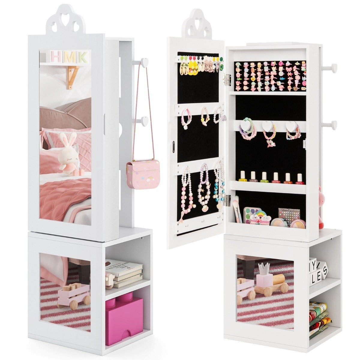 3 in 1 mirror cabinet with full length mirror &amp; Clothes rack children's jewelry cabinet white
