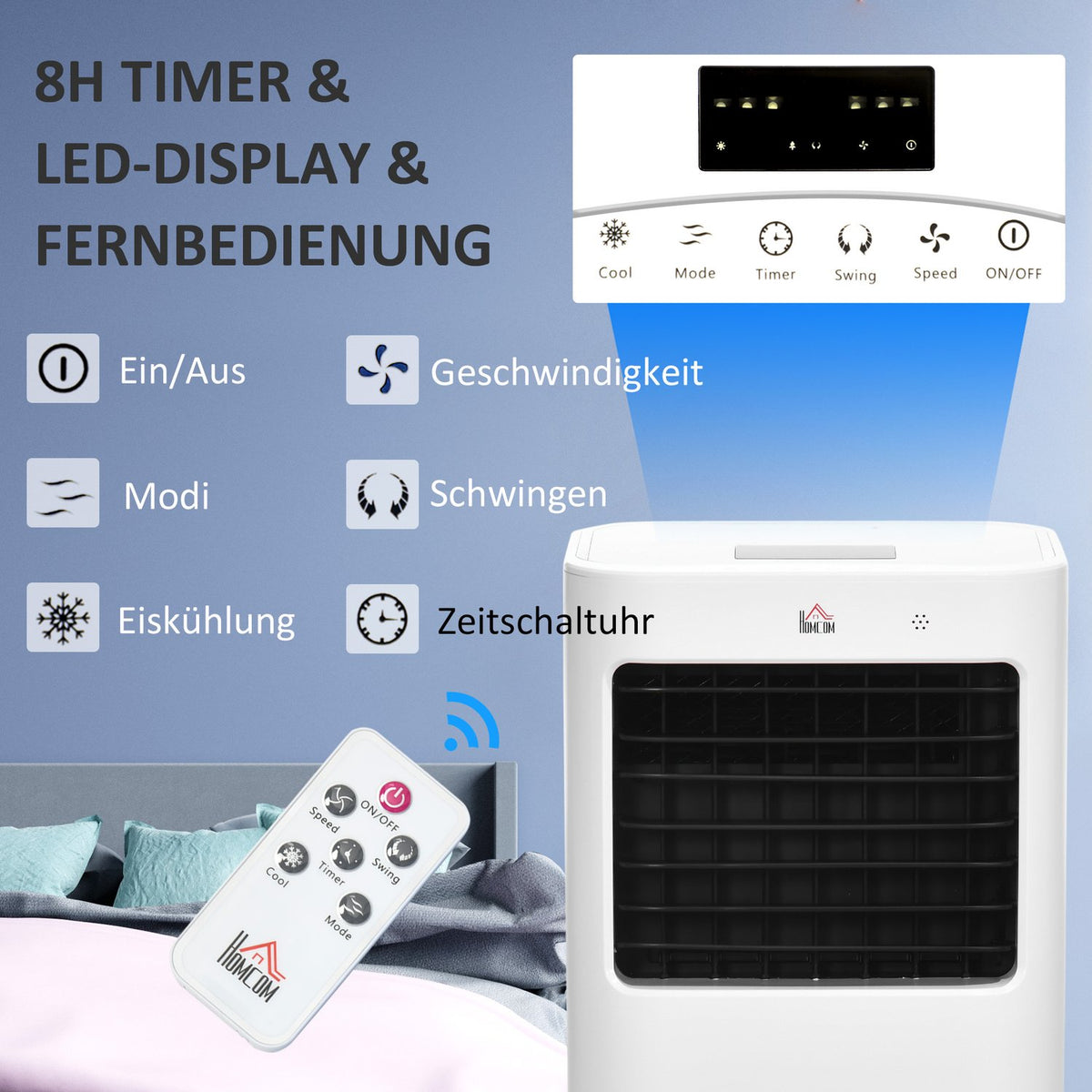 3 in 1 mobile air conditioning with air humidification water cooling 15L 60° oscillating air conditioner 65W air cooler with 8h timer, remote control, usage space 20? White 32 x 37 x 69 cm