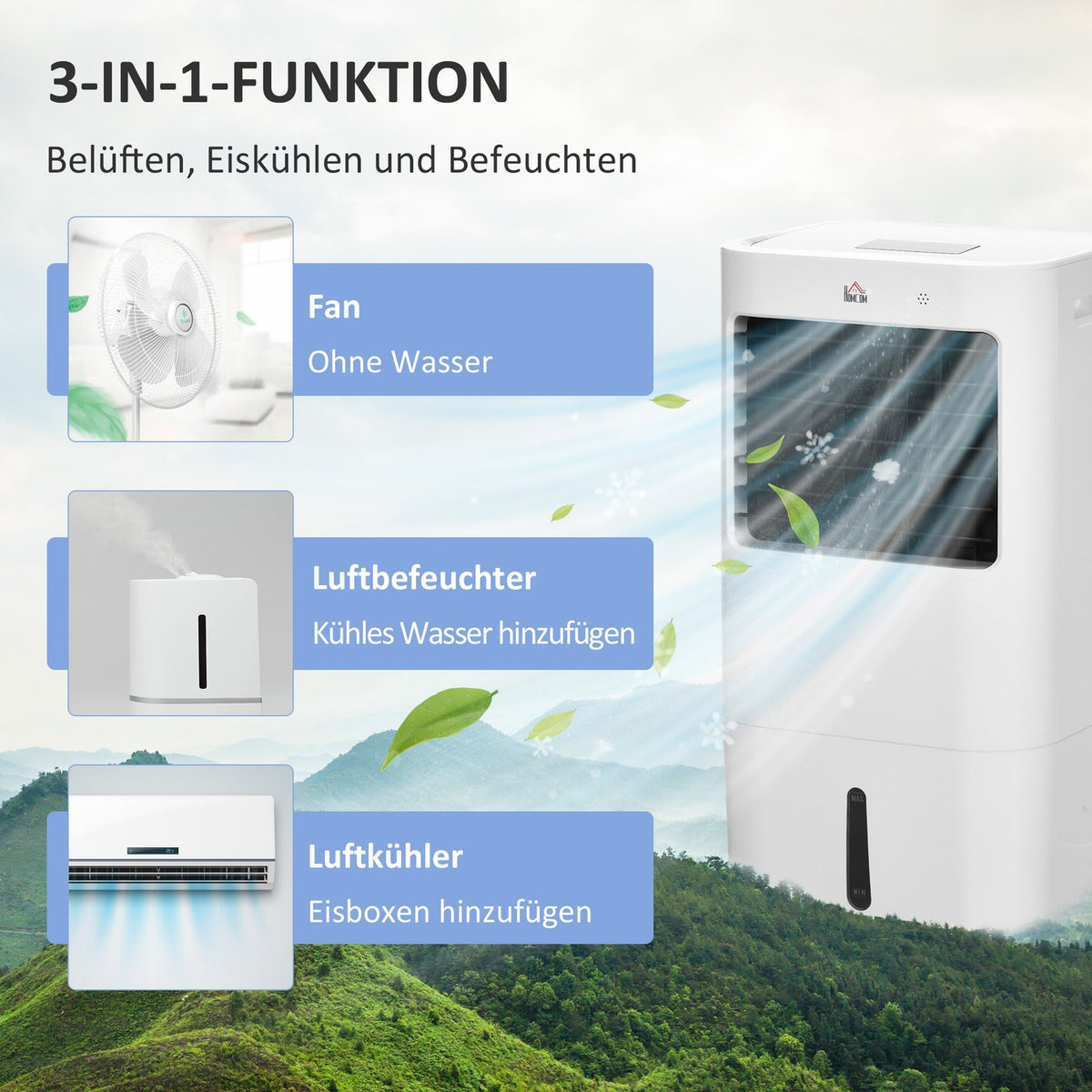 3 in 1 mobile air conditioning with air humidification water cooling 15L 60° oscillating air conditioner 65W air cooler with 8h timer, remote control, usage space 20? White 32 x 37 x 69 cm