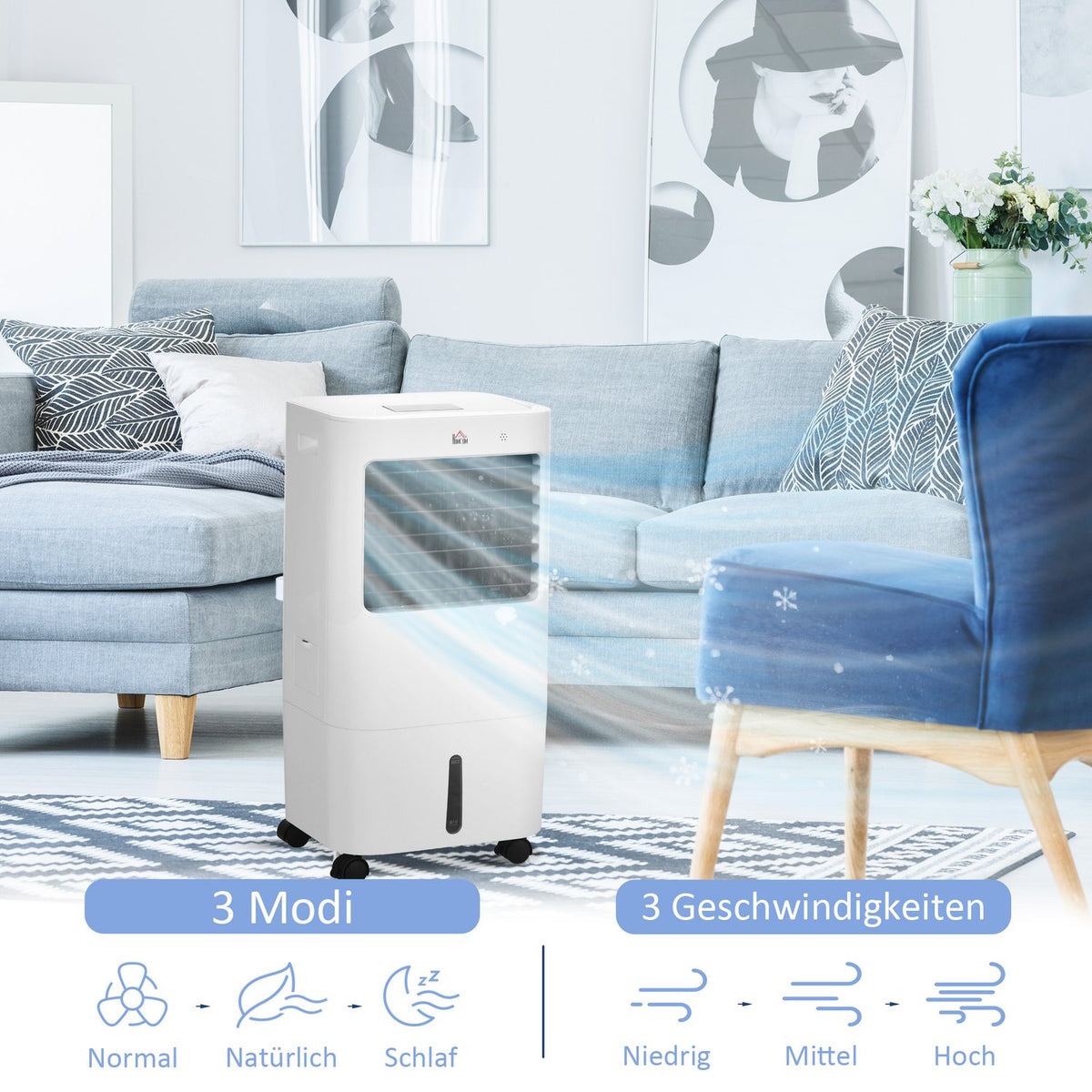3 in 1 mobile air conditioning with air humidification water cooling 15L 60° oscillating air conditioner 65W air cooler with 8h timer, remote control, usage space 20? White 32 x 37 x 69 cm