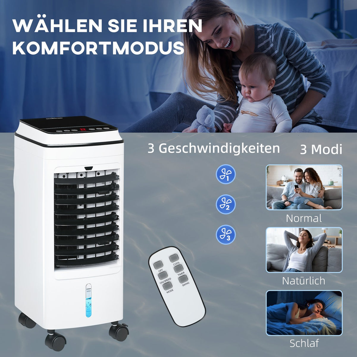 3 in 1 mobile air conditioning with air humidification water cooling 60° oscillating 4L air conditioner with 8h timer, sleep modes, 75W air cooler with remote control, for 20? White
