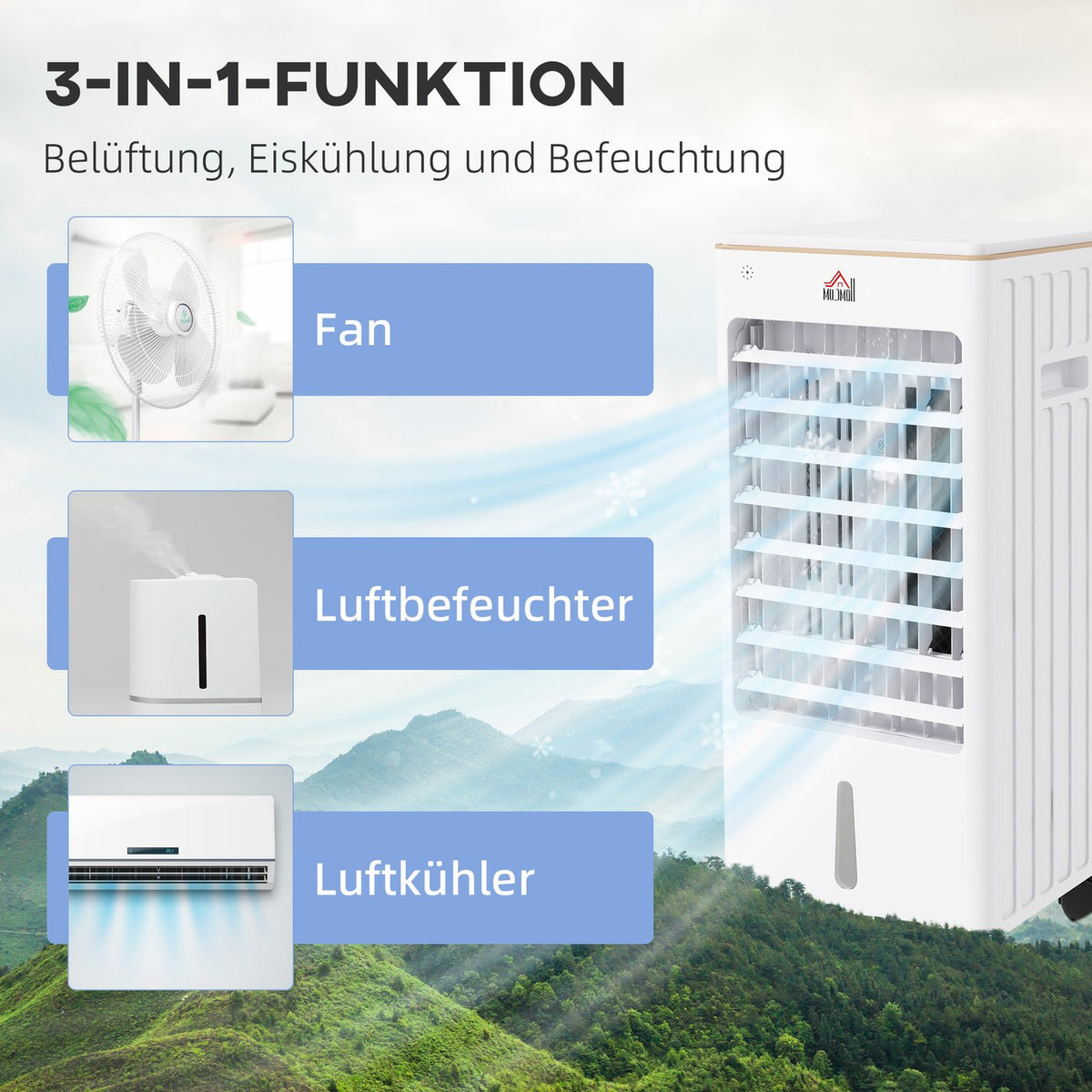 3 in 1 portable air conditioner, 65W for 15-20㎡, with 3 modes, timer function, wheels, carrying handle, ABS, 22.5W x 24.5D x 53.5Hcm, white