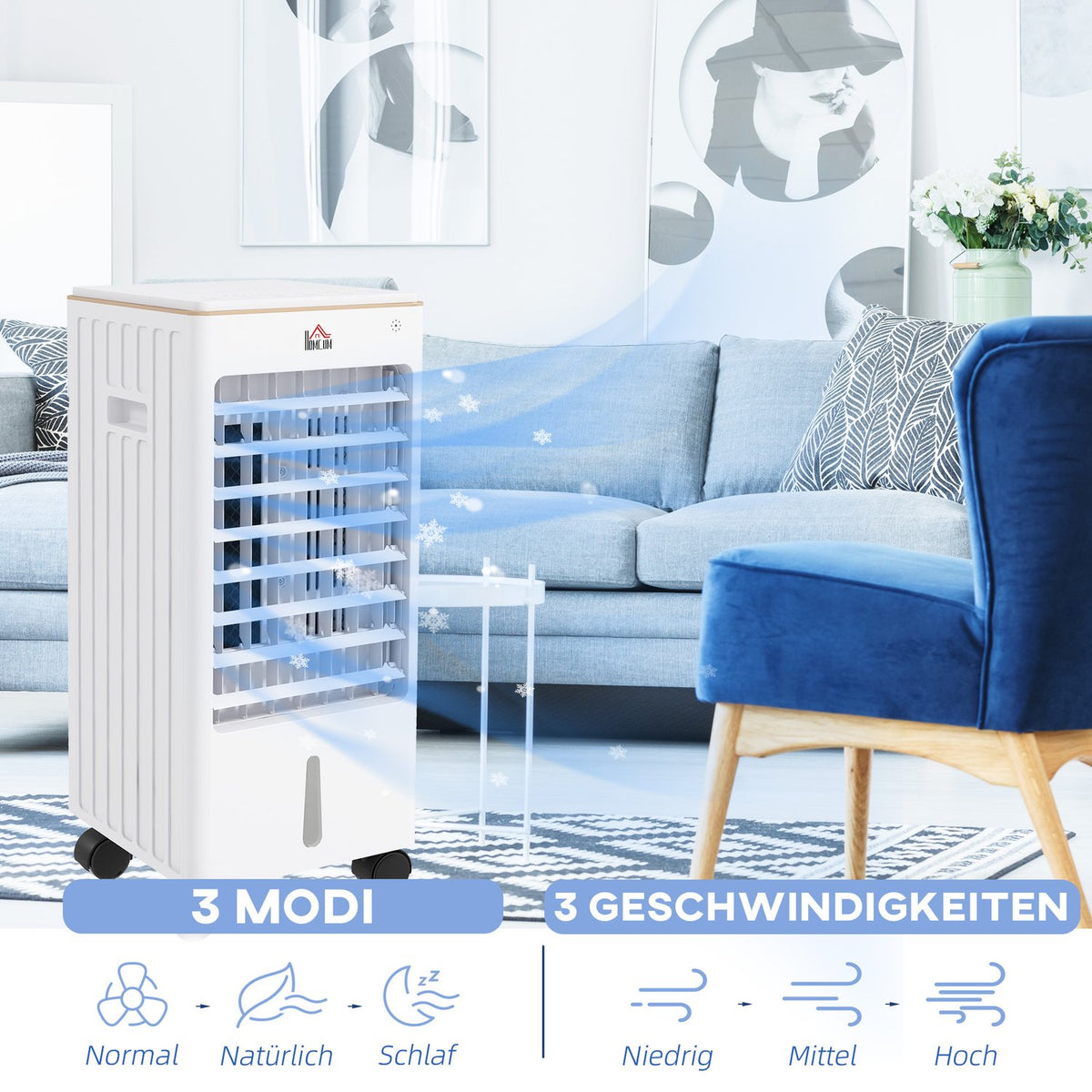 3 in 1 portable air conditioner, 65W for 15-20㎡, with 3 modes, timer function, wheels, carrying handle, ABS, 22.5W x 24.5D x 53.5Hcm, white