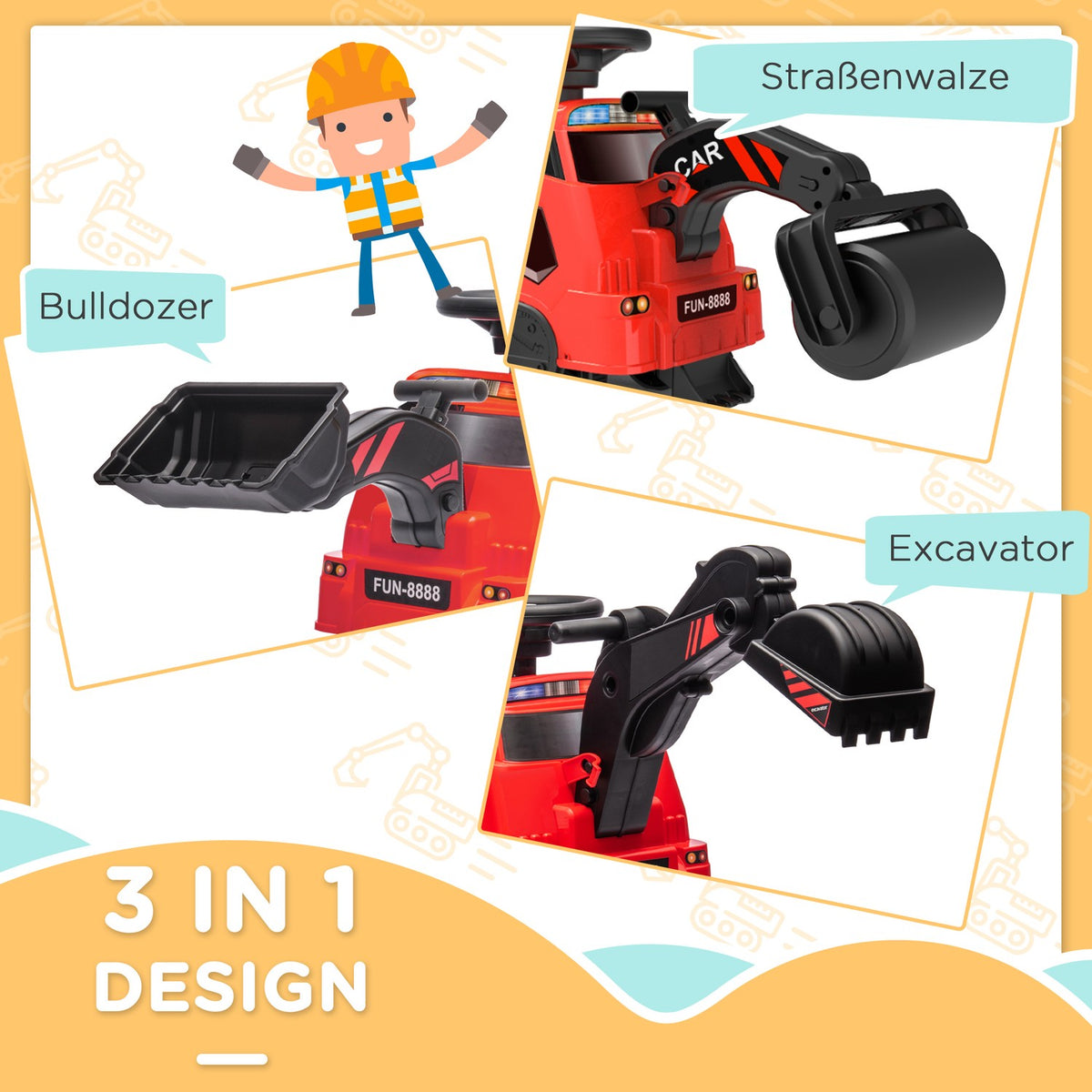 3-in-1 ride-on excavator, load capacity 25 kg, with anti-tip device, music function, replaceable, for 1.5-4 years, red + black