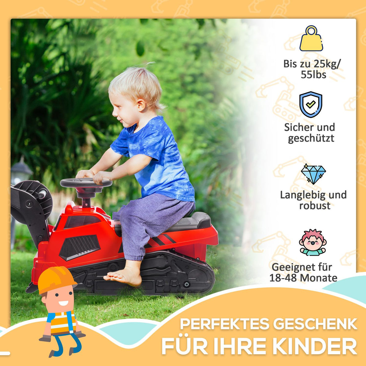 3-in-1 ride-on excavator, load capacity 25 kg, with anti-tip device, music function, replaceable, for 1.5-4 years, red + black