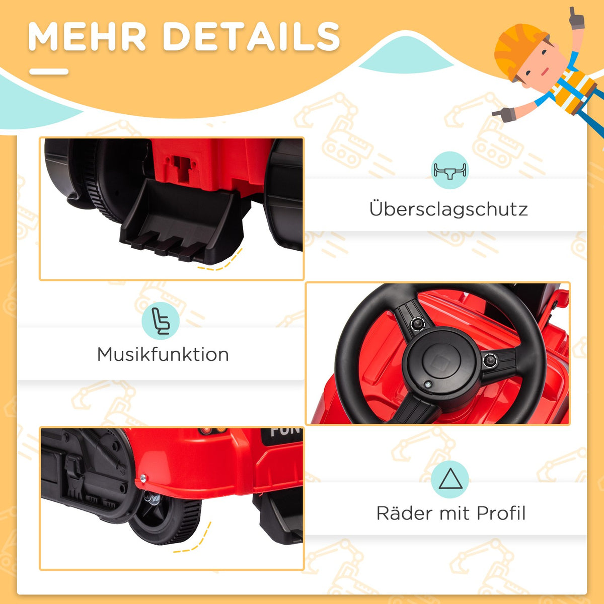 3-in-1 ride-on excavator, load capacity 25 kg, with anti-tip device, music function, replaceable, for 1.5-4 years, red + black