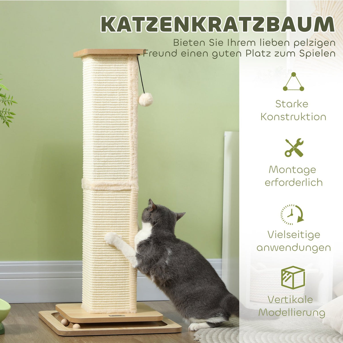 3-in-1 scratching post, 87cm scratching post, sisal cat scratching post with play ball, scratching post for cats, cat scratching furniture, indoor, oak