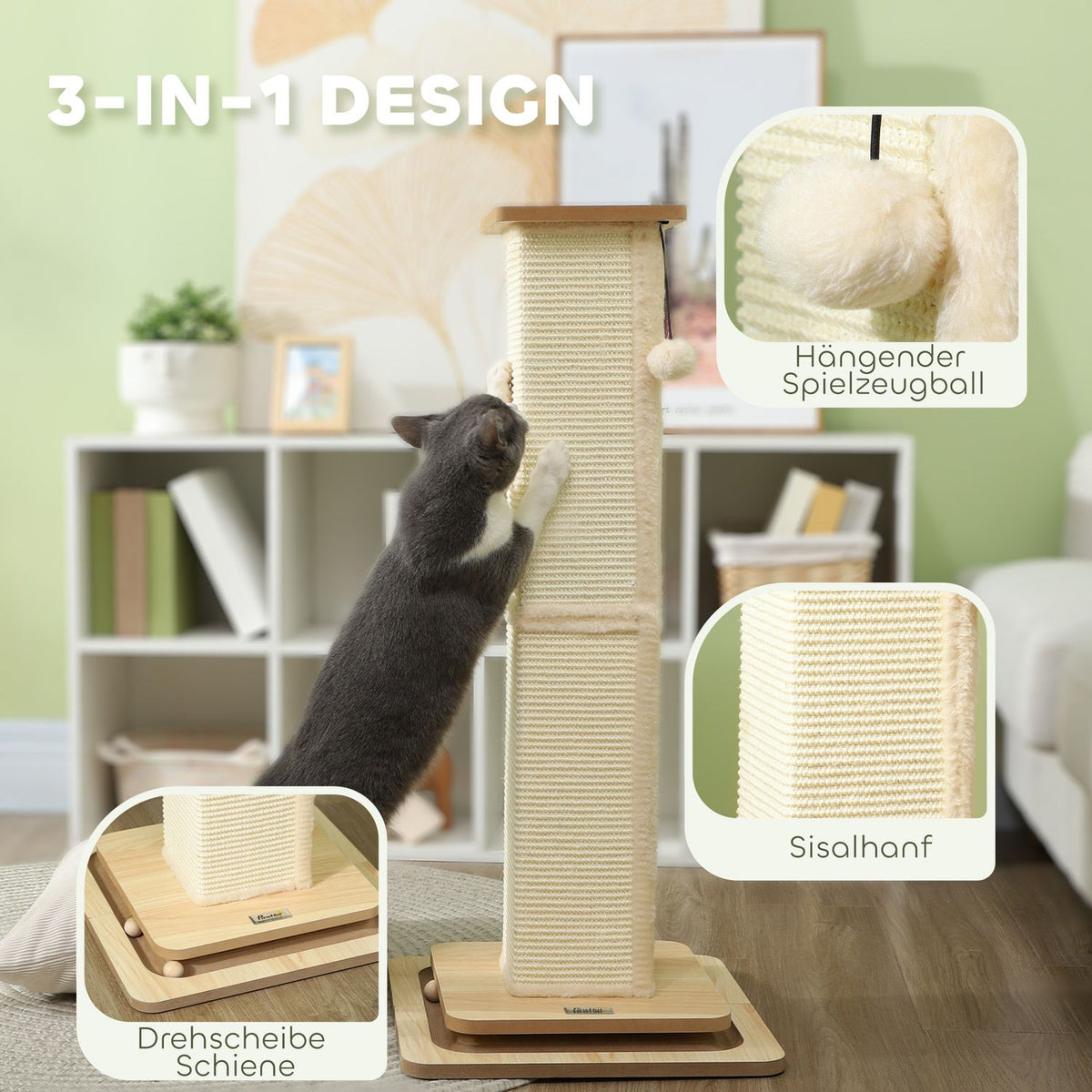 3-in-1 scratching post, 87cm scratching post, sisal cat scratching post with play ball, scratching post for cats, cat scratching furniture, indoor, oak