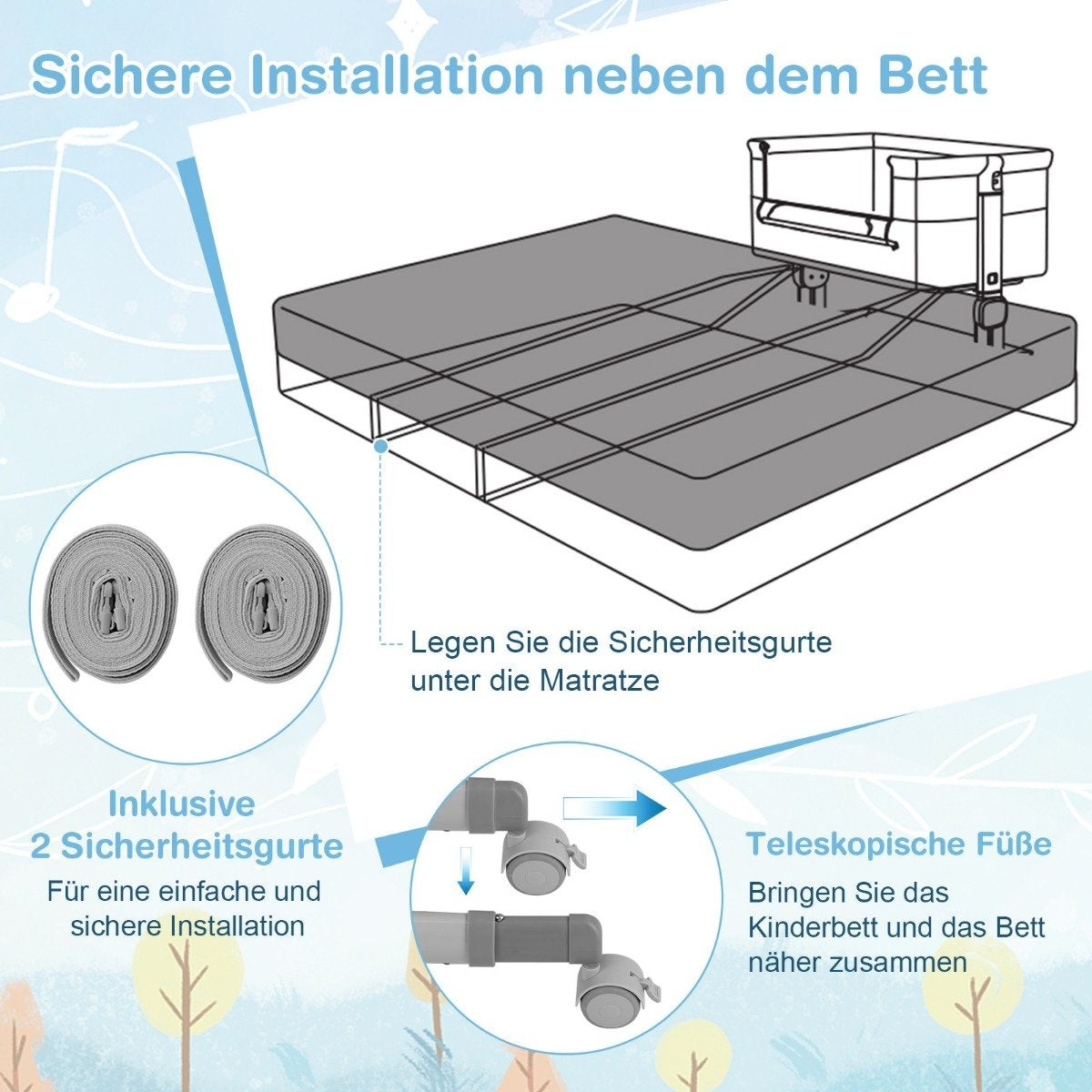3 in 1 side bed travel cot baby with mattress baby bed 6 compartments height adjustable with storage basket gray