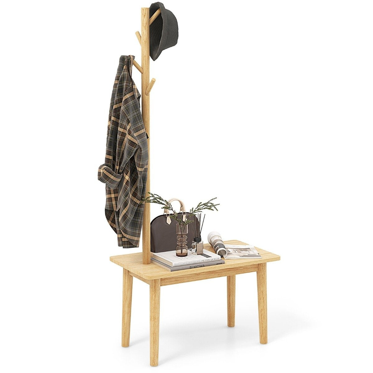 3 in 1 side table made of solid wood, coat rack with shoe bench, 76 x 43 x 168 cm, natural