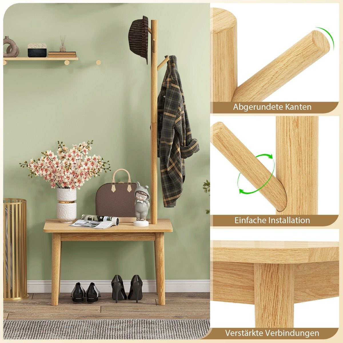 3 in 1 side table made of solid wood, coat rack with shoe bench, 76 x 43 x 168 cm, natural