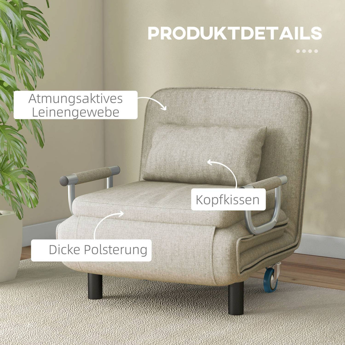 3 in 1 sleeping chair, sofa bed with bed function, folding chair with 3-level adjustable backrest, wheels, steel frame, 120kg load capacity, for living room, gray